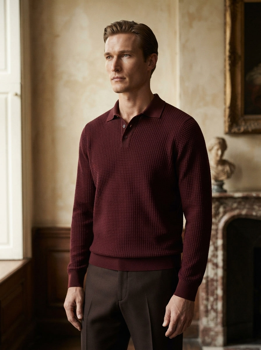 Fitted Long Sleeve Polo Waffle Shirt
