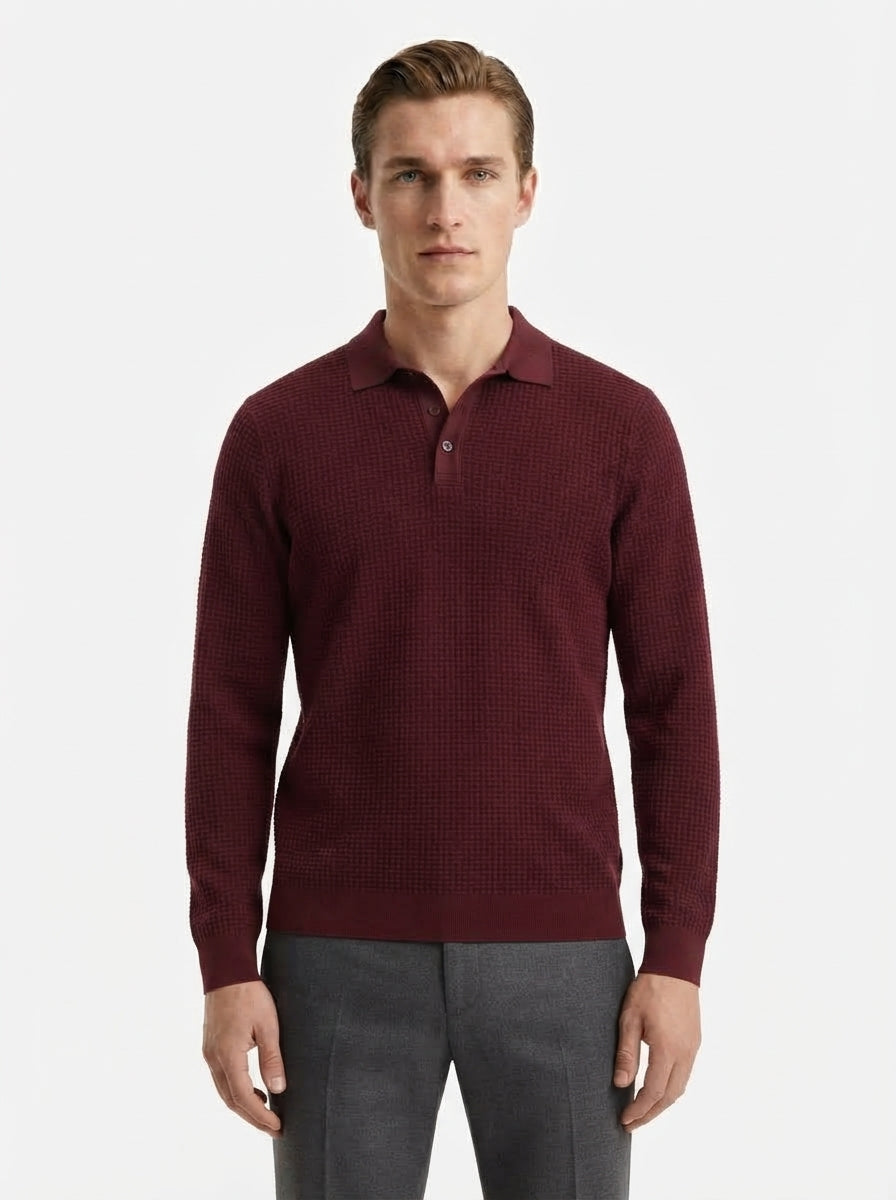 Fitted Long Sleeve Polo Waffle Shirt