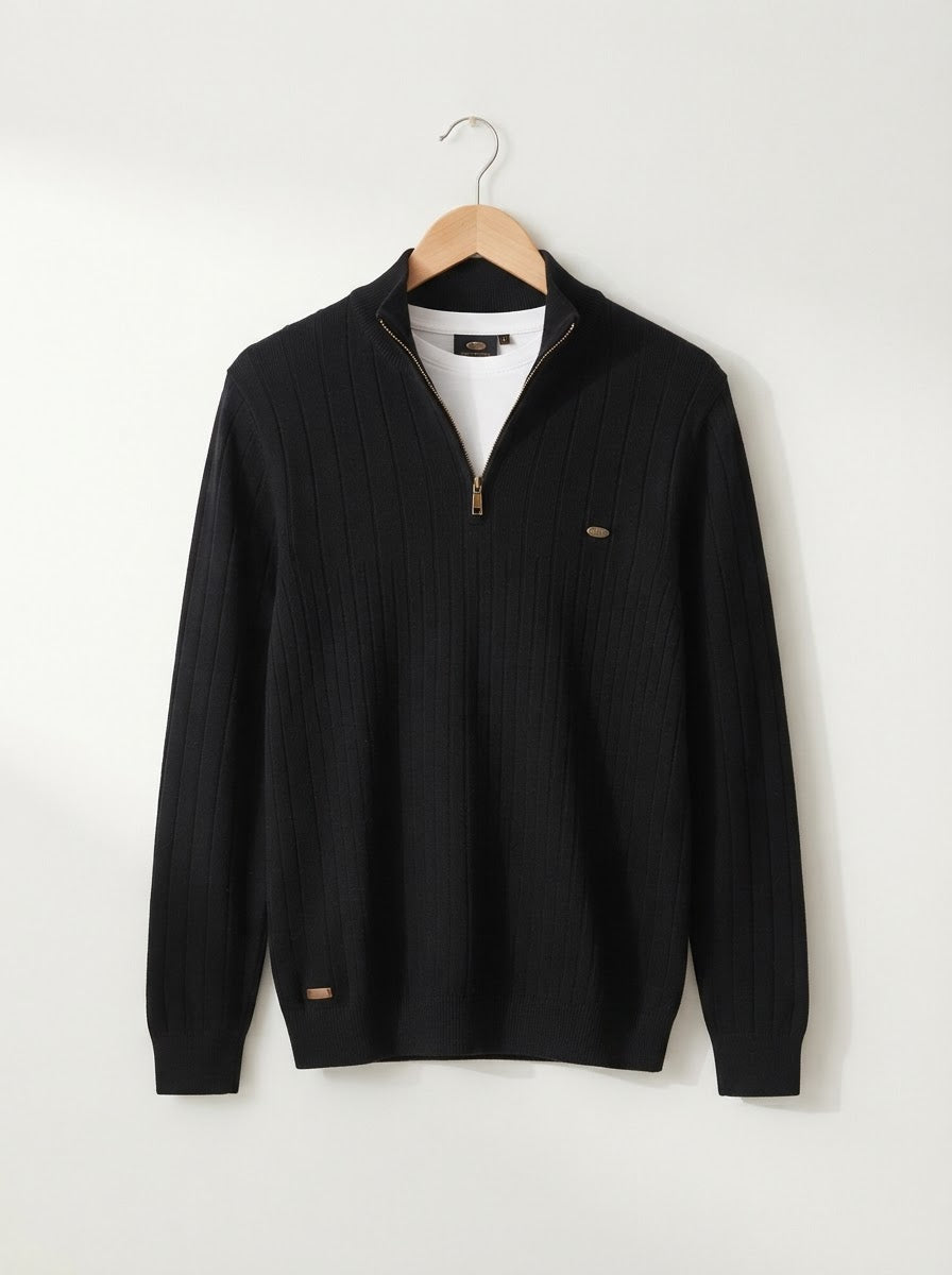 Ribbed Knit Funnel Neck Quarter-Zip Sweater