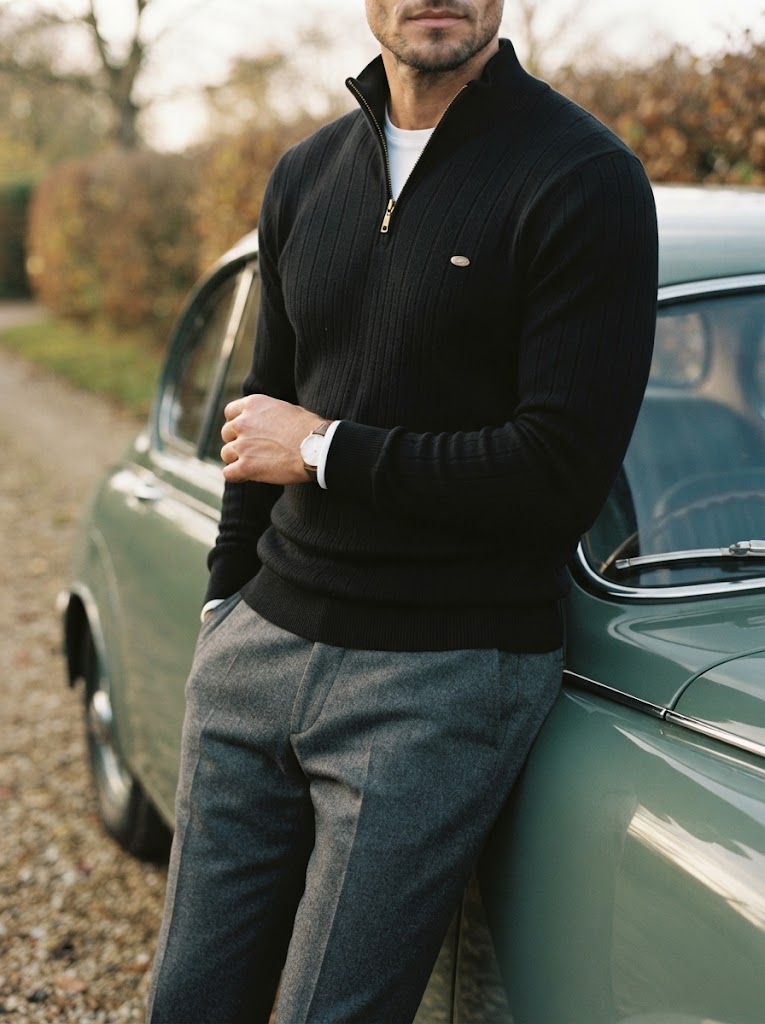 Ribbed Knit Funnel Neck Quarter-Zip Sweater