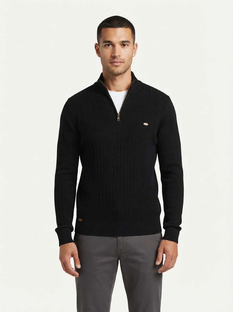 Ribbed Knit Funnel Neck Quarter-Zip Sweater