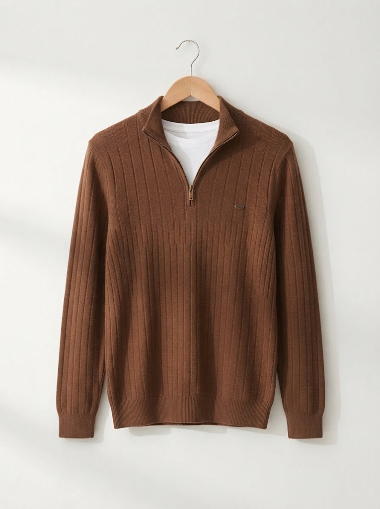 Ribbed Knit Funnel Neck Quarter-Zip Sweater