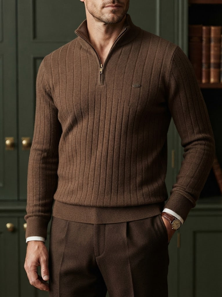 Ribbed Knit Funnel Neck Quarter-Zip Sweater