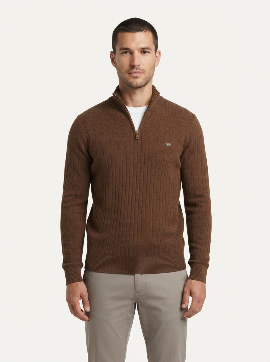 Ribbed Knit Funnel Neck Quarter-Zip Sweater