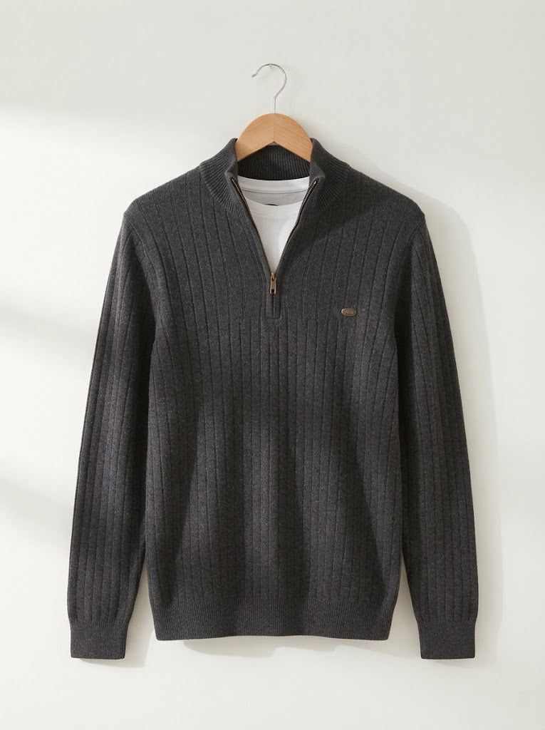 Ribbed Knit Funnel Neck Quarter-Zip Sweater