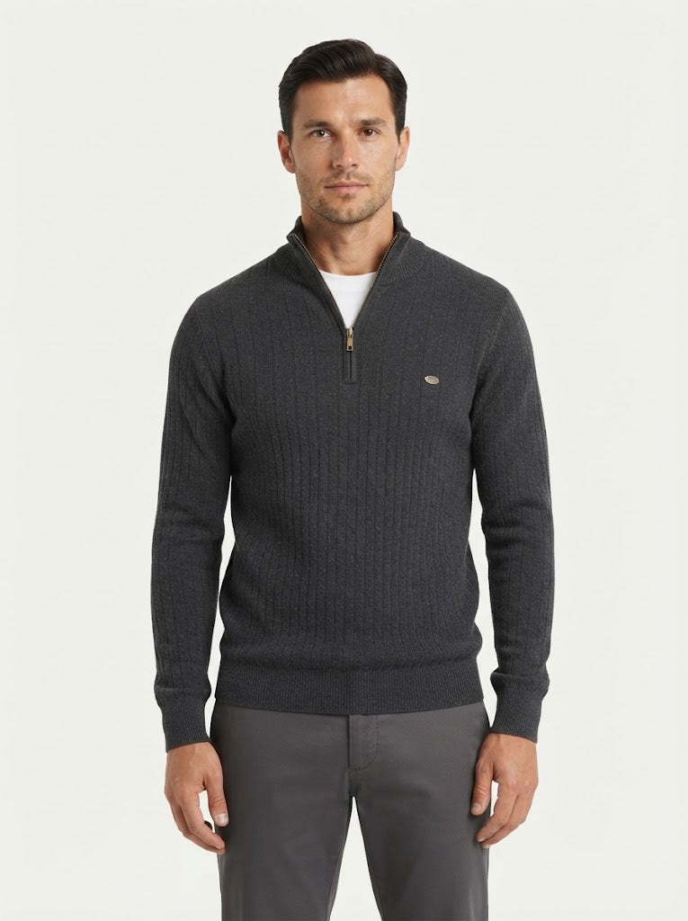 Ribbed Knit Funnel Neck Quarter-Zip Sweater