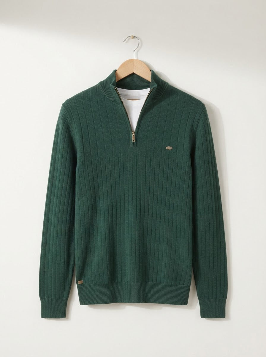 Ribbed Knit Funnel Neck Quarter-Zip Sweater