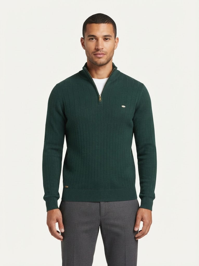 Ribbed Knit Funnel Neck Quarter-Zip Sweater