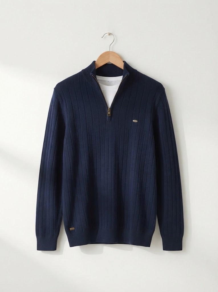 Ribbed Knit Funnel Neck Quarter-Zip Sweater