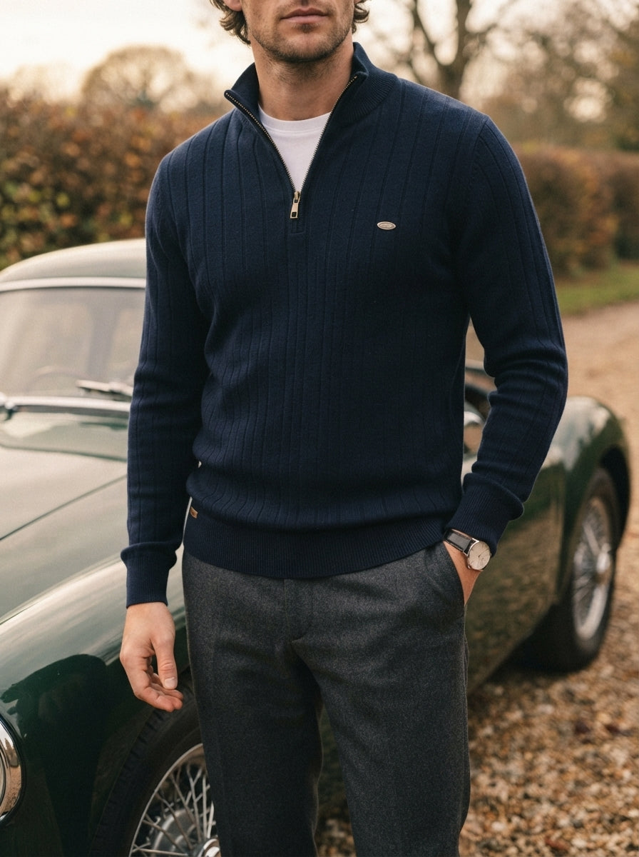 Ribbed Knit Funnel Neck Quarter-Zip Sweater