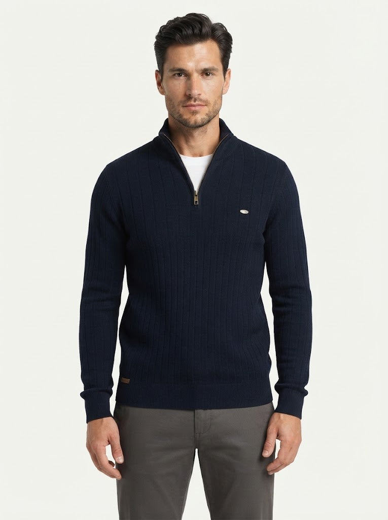 Ribbed Knit Funnel Neck Quarter-Zip Sweater