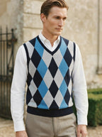 Smart-Casual Knitted Argyle V-Neck Sweater Vest - Royal Blue