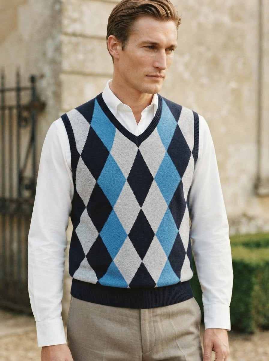 Smart-Casual Knitted Argyle V-Neck Sweater Vest - Royal Blue