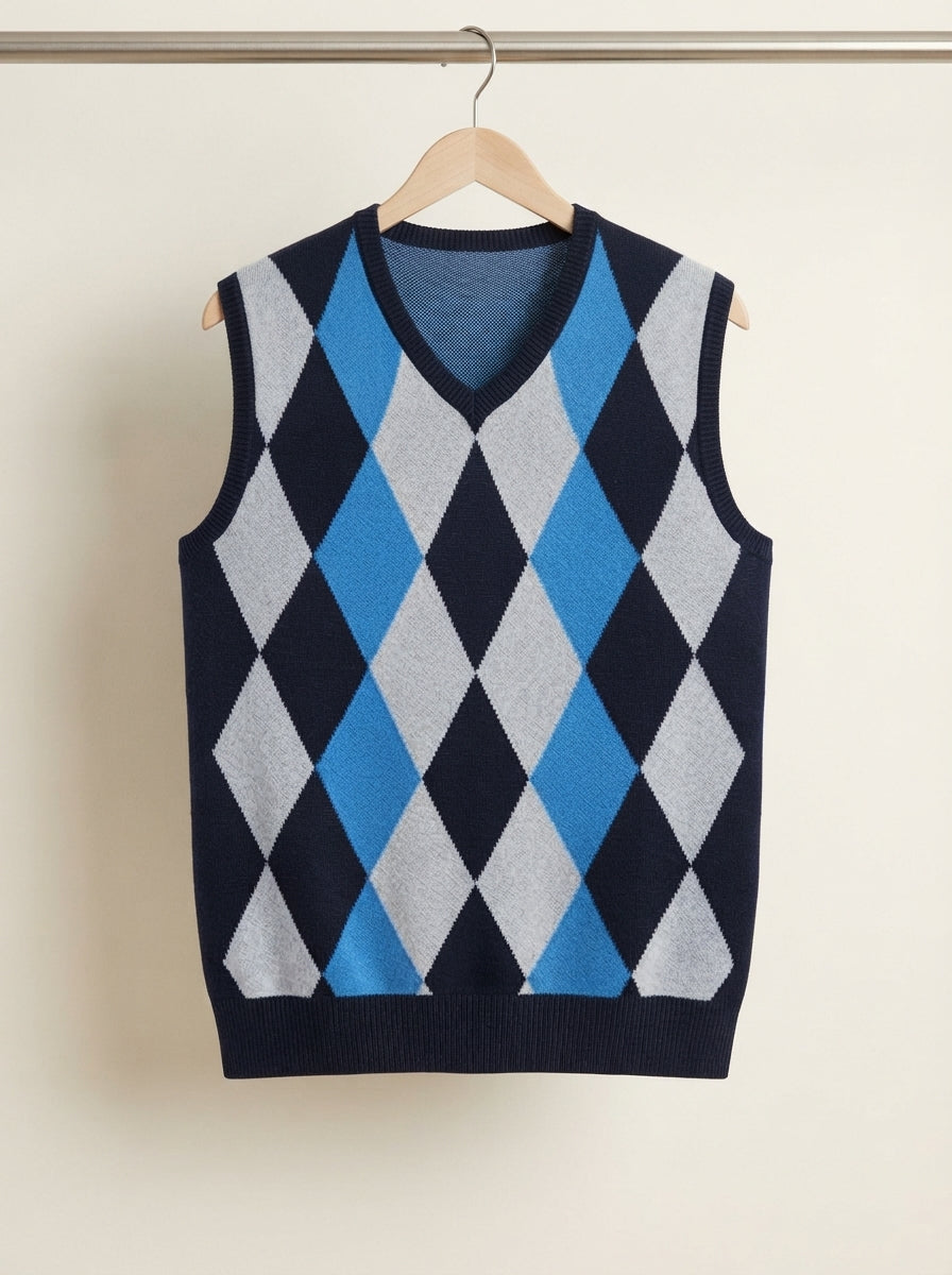 Smart-Casual Knitted Argyle V-Neck Sweater Vest - Royal Blue