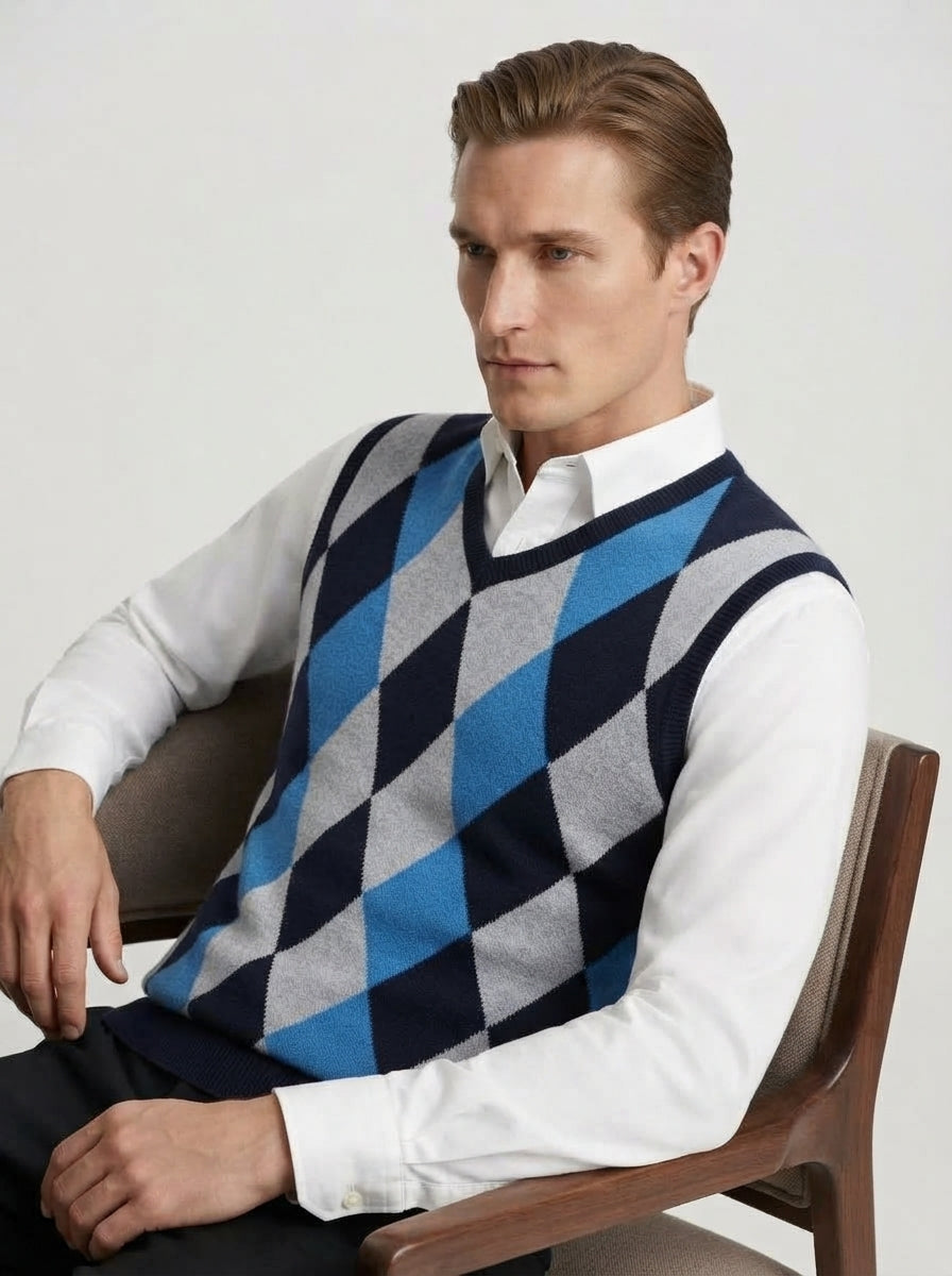 Smart-Casual Knitted Argyle V-Neck Sweater Vest - Royal Blue
