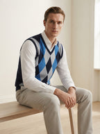 Smart-Casual Knitted Argyle V-Neck Sweater Vest - Royal Blue