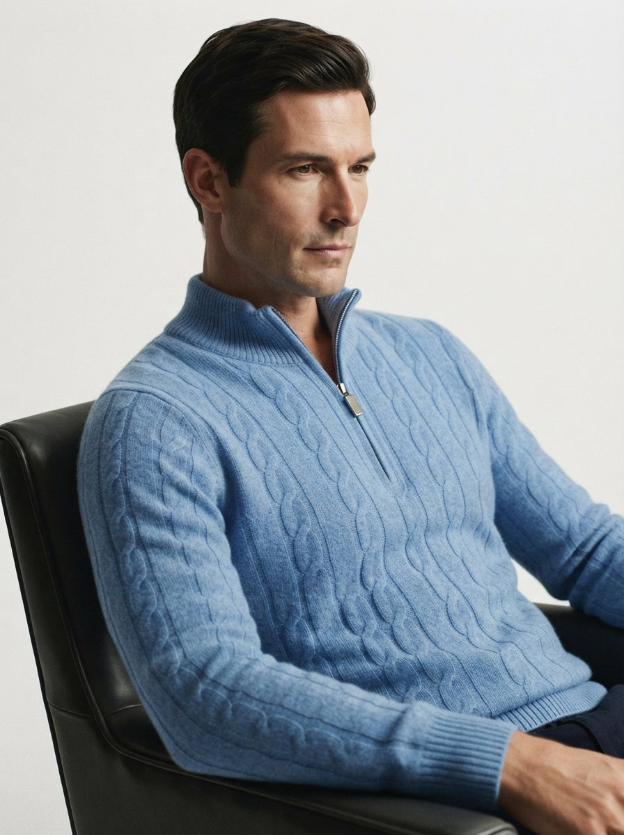 Merino Wool Cable Knit Quarter Zip Sweater