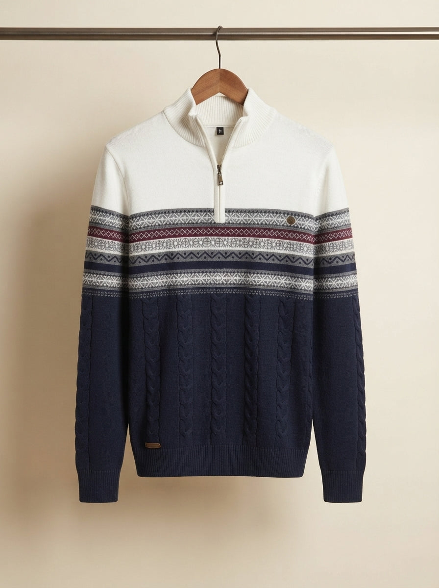 Cozy Cable Knit Two-Tone Quarter-Zip Sweater