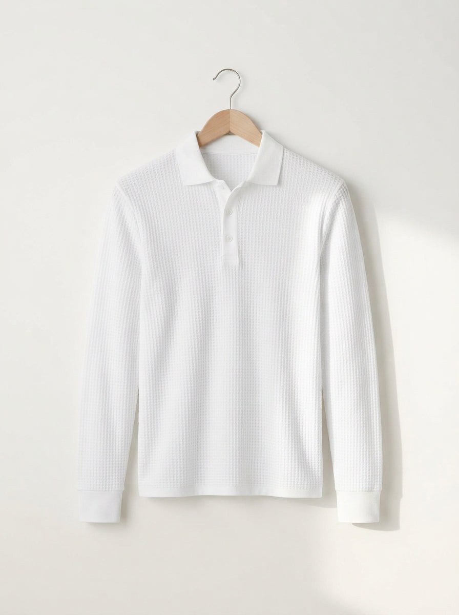 Fitted Long Sleeve Polo Waffle Shirt