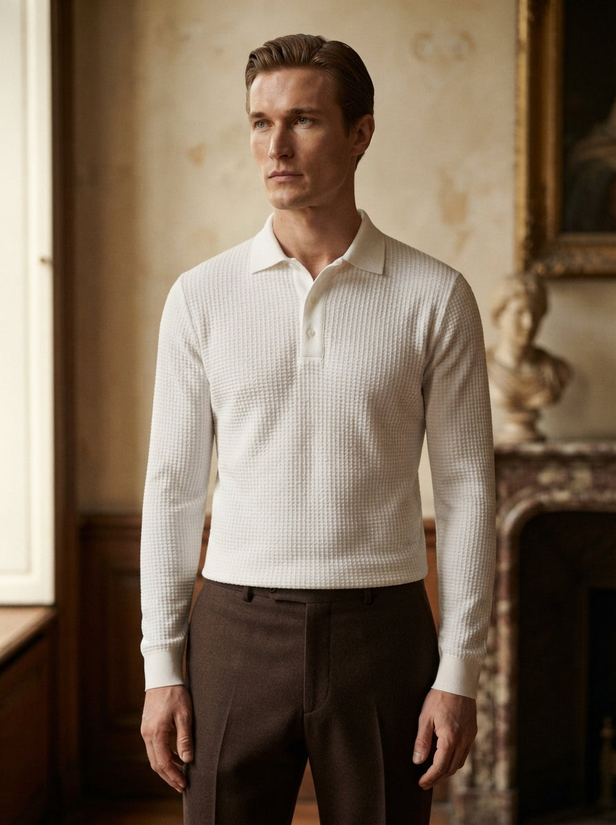 Fitted Long Sleeve Polo Waffle Shirt