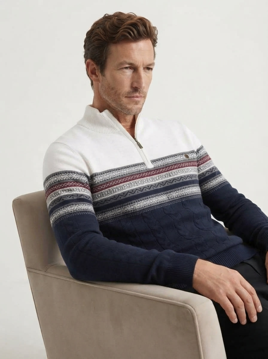 Cozy Cable Knit Two-Tone Quarter-Zip Sweater