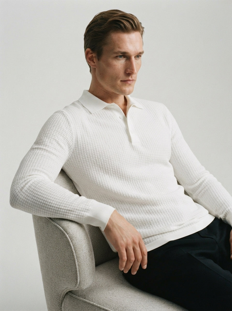 Fitted Long Sleeve Polo Waffle Shirt