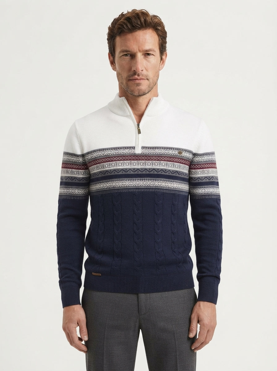 Cozy Cable Knit Two-Tone Quarter-Zip Sweater