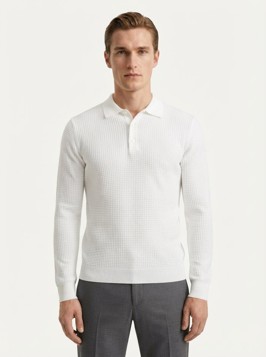 Fitted Long Sleeve Polo Waffle Shirt