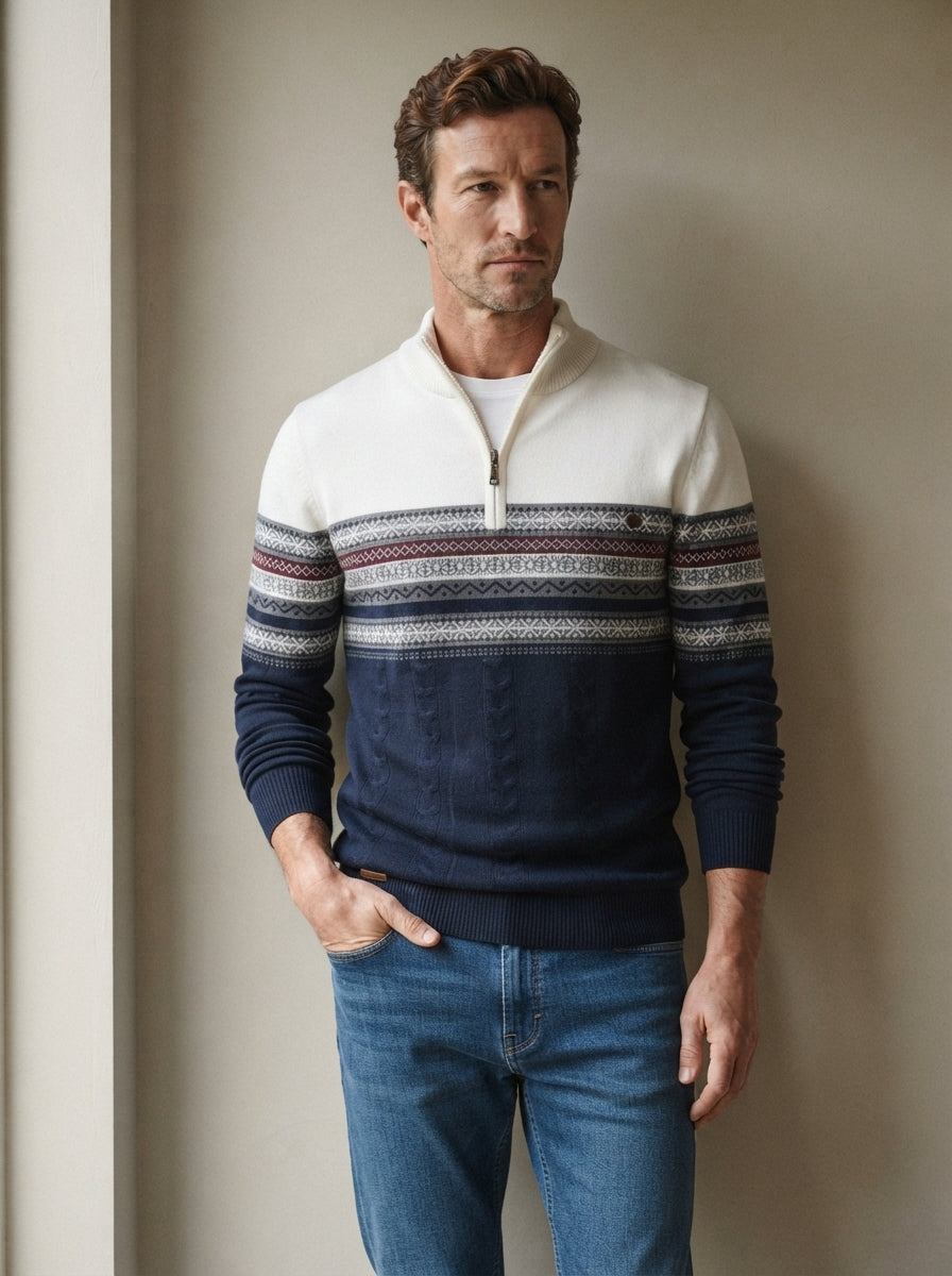 Cozy Cable Knit Two-Tone Quarter-Zip Sweater