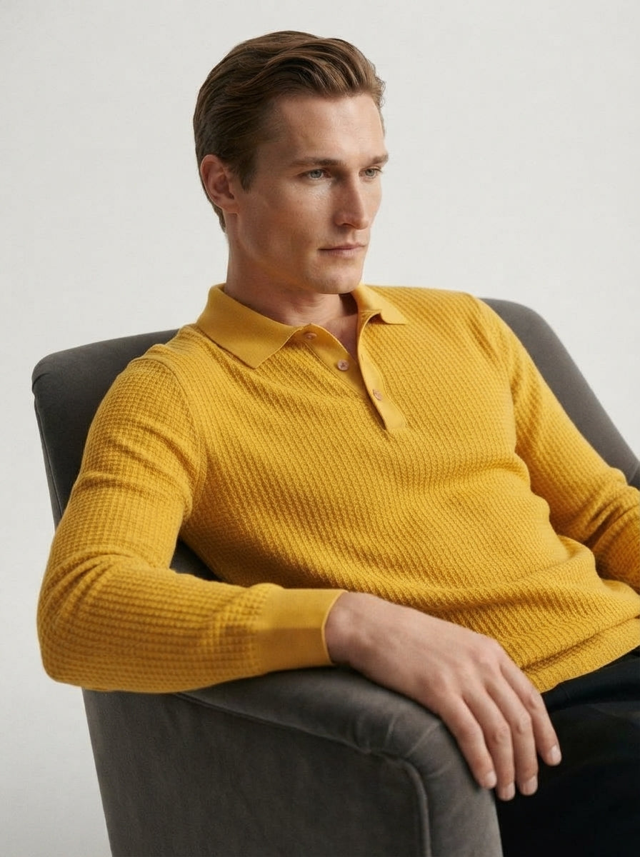Fitted Long Sleeve Polo Waffle Shirt