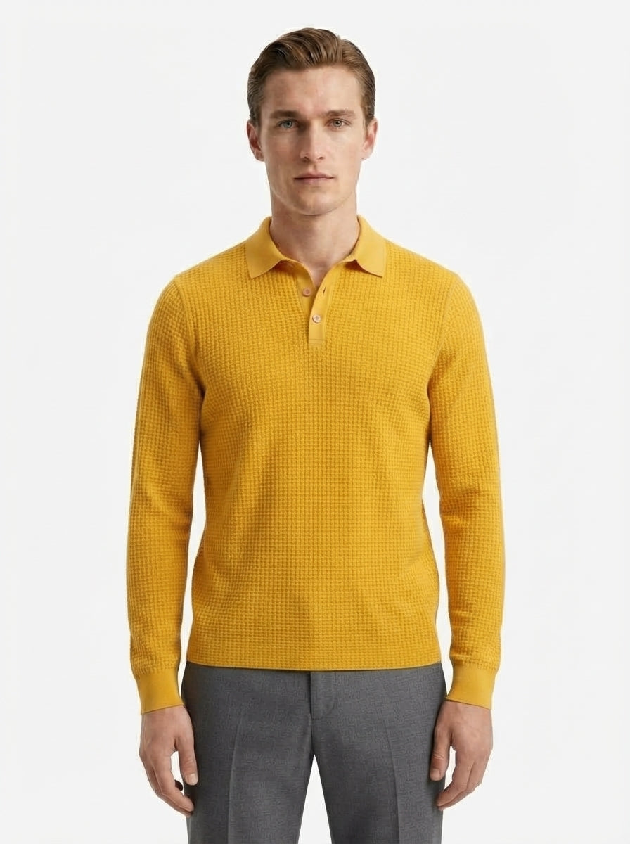 Fitted Long Sleeve Polo Waffle Shirt
